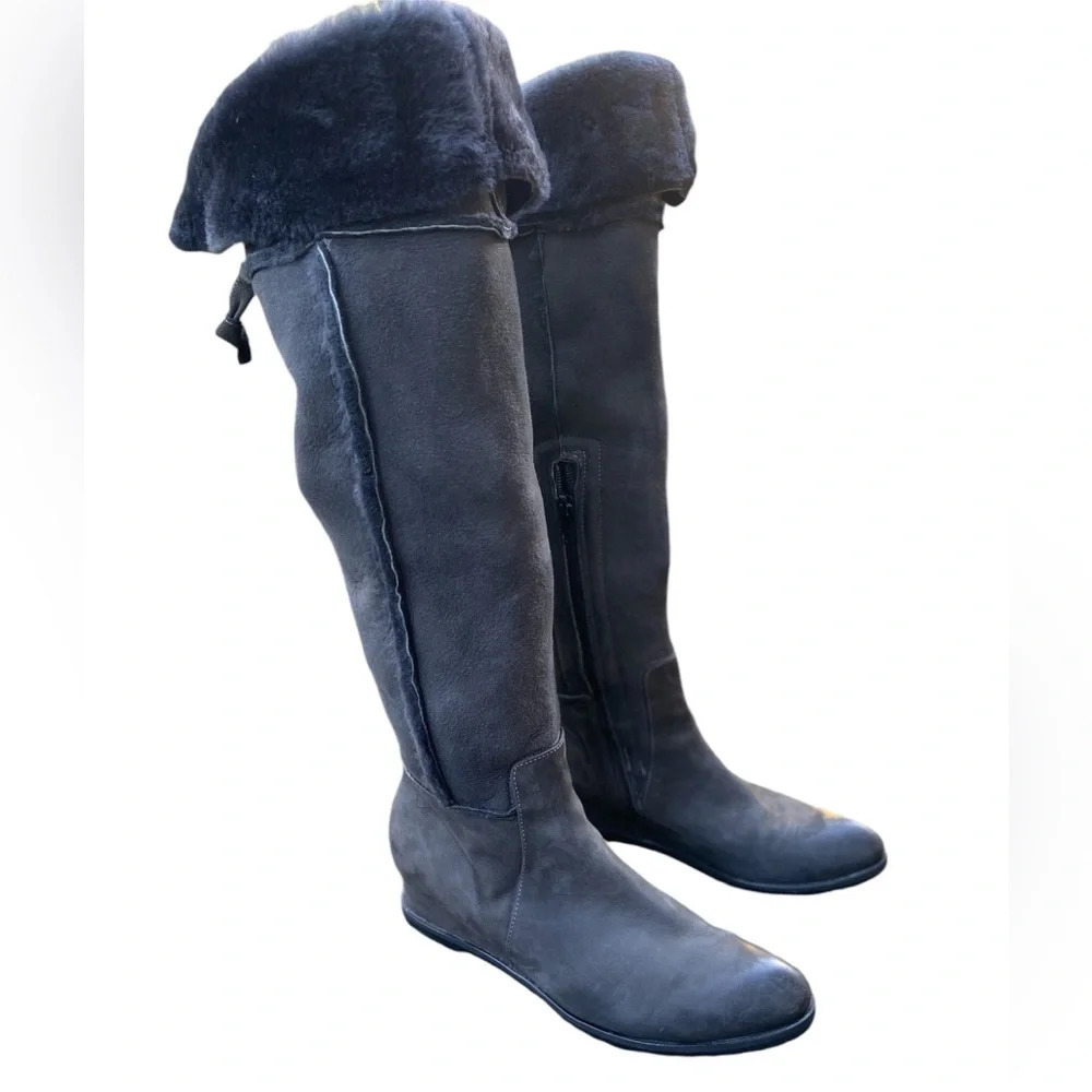 Napoleoni Italian Leather Over-Knee Wedge Boots Fur Lined Sz 39 - USA 8-8.5